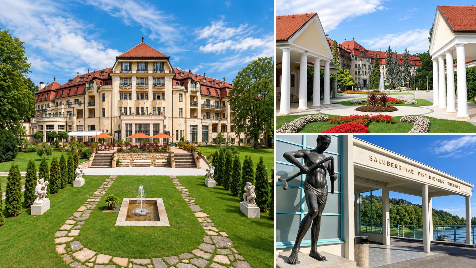 Kúpele Piešťany: hotel Thermia Palace, pavilóny na Kúpeľnom ostrove a socha Barlolamača na Kolonádovom moste – ilustračný záber.